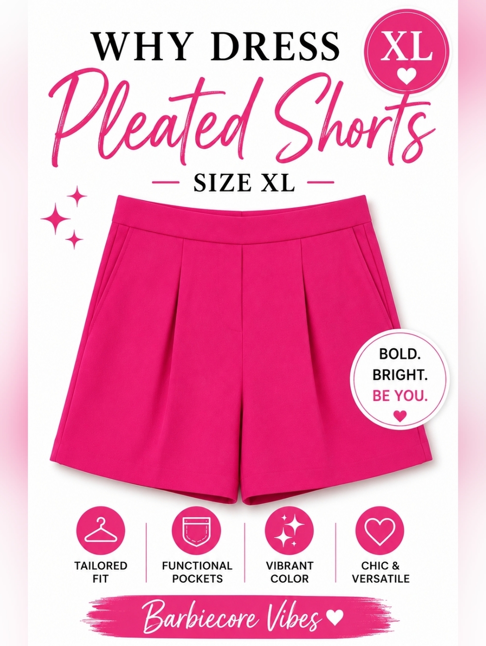 Why Dress Hot Pink Pleated Tailored Shorts XL Barbiecore Statement Shorts